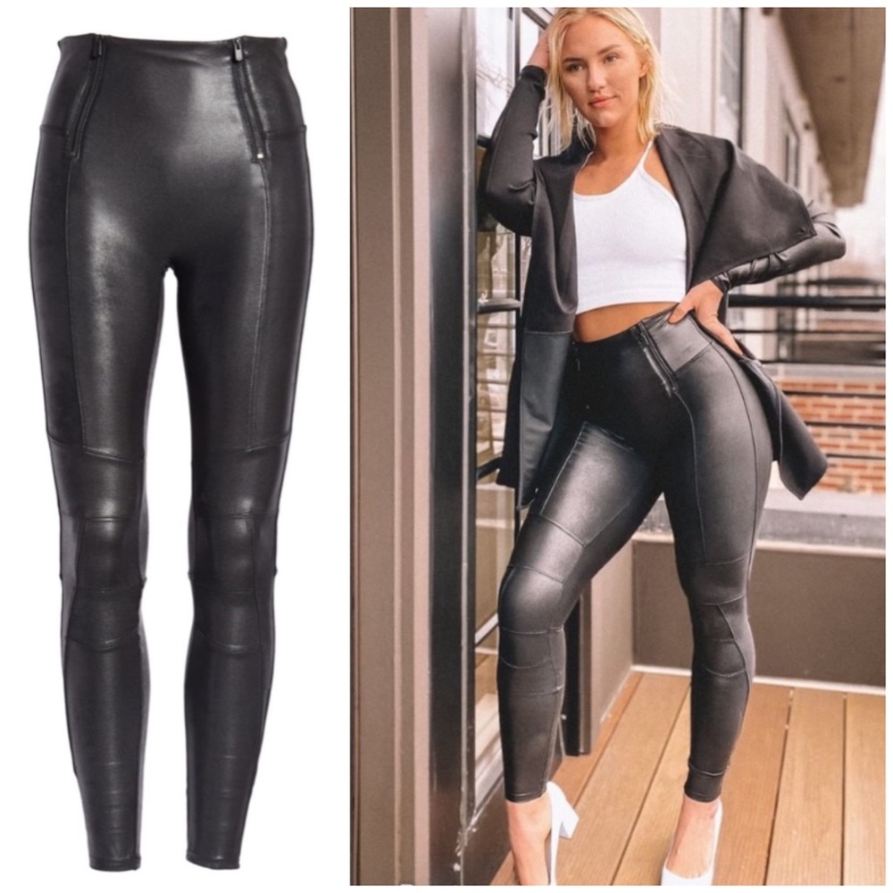 Spanx Faux Leather Moto Hip Zip Black Leggings Medium High Waist Sexy